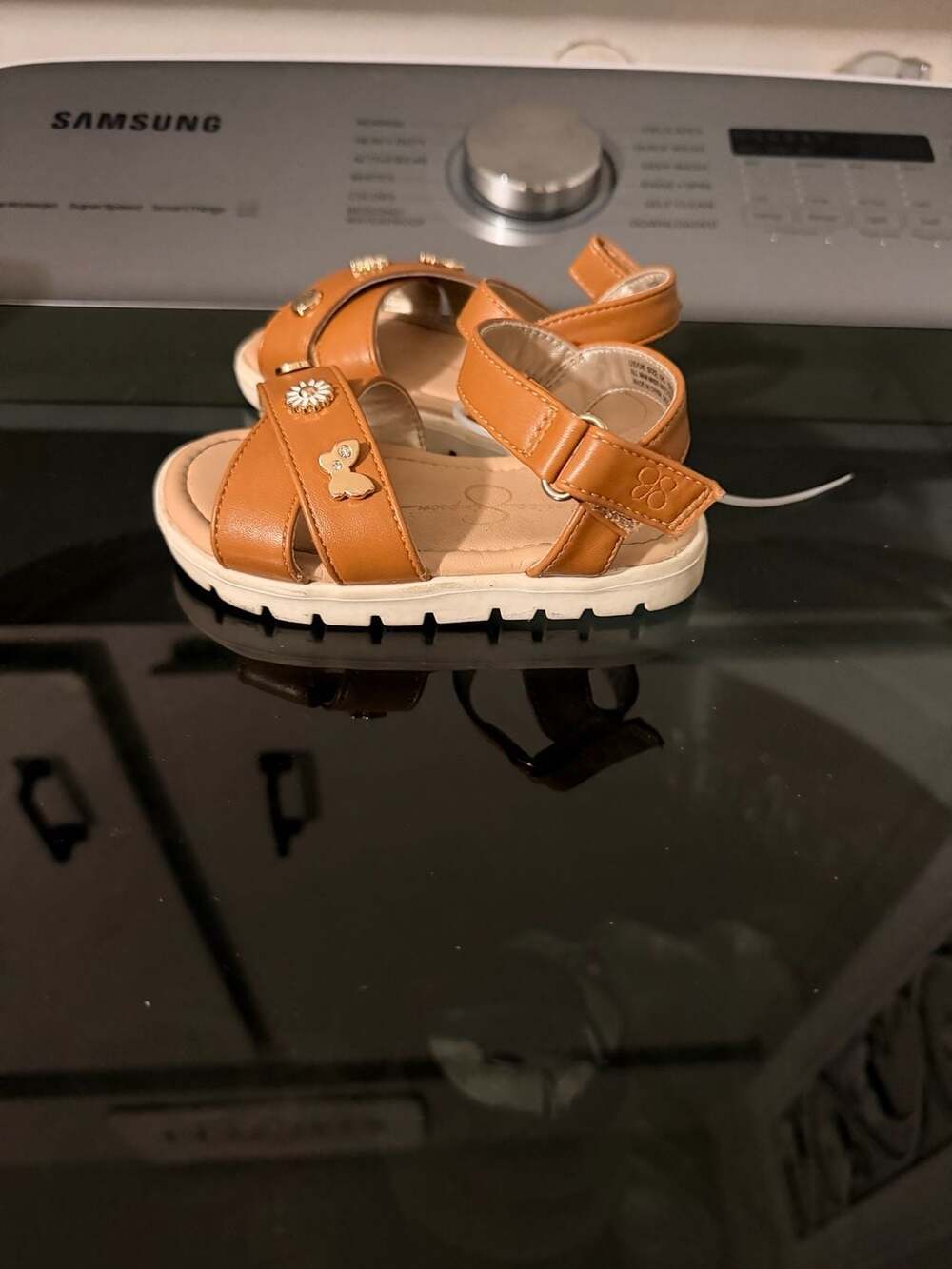 Jessica Simpson Toddler Girls Tan Embellished Sandals with Daisy and Smiley Face